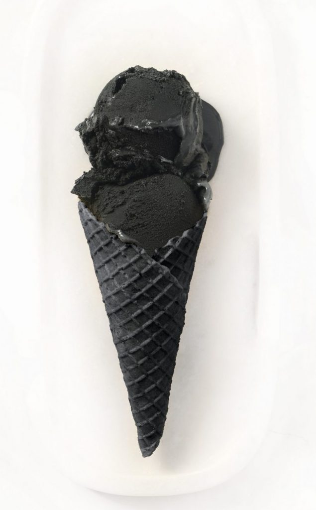 Activated Charcoal Gelato, made using coconut milk and coconut cream, and vegan Activated Charcoal Cone
