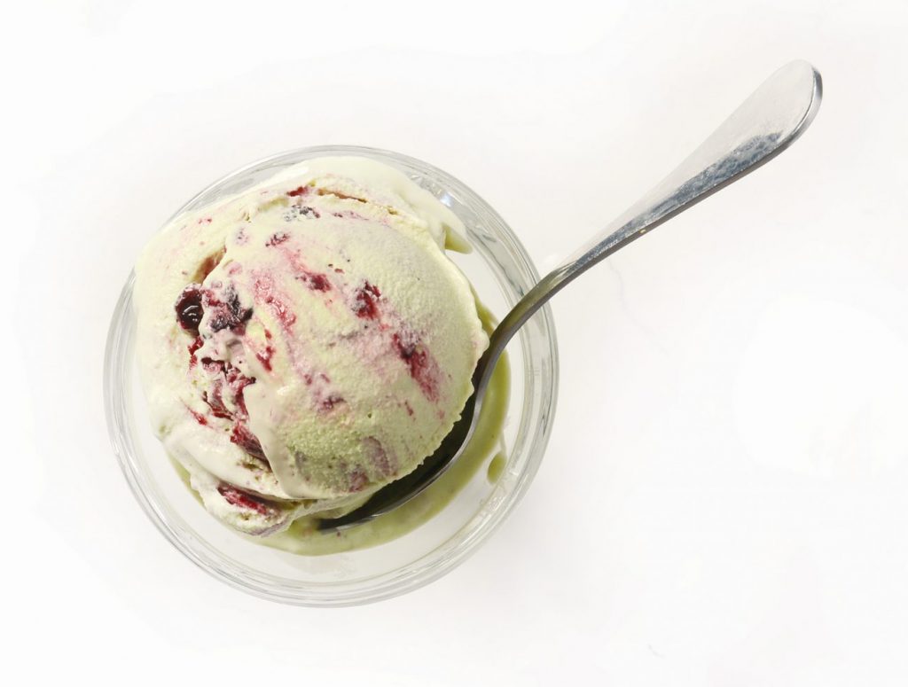 Green Matcha Gelato with Blueberry Lavender Sauce